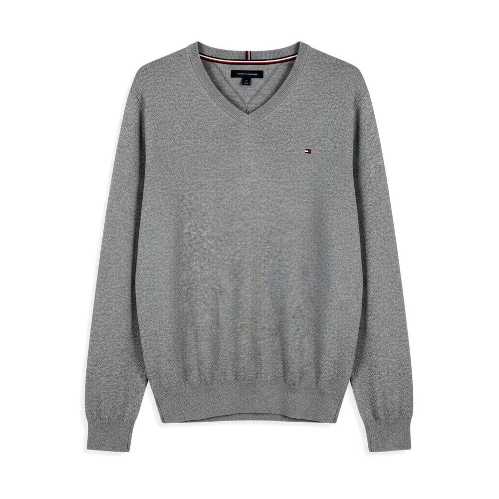 TOMMY HILFIGER Mens Cotton V Neck Lightweight Logo Sweater Gray L Classic Office